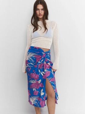 NWT Mango MNG Floral Twist Front Sarong Midi Skirt Blue Purple XXL